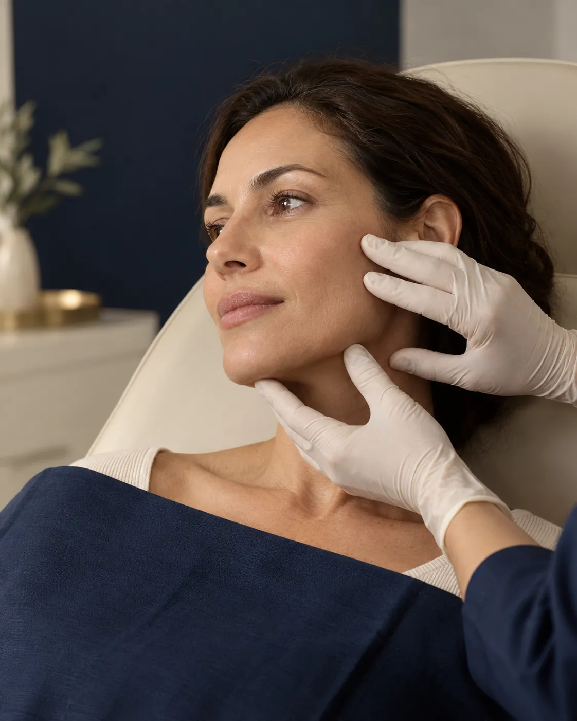 Cena ilustrativa de avaliação facial, com mãos enluvadas examinando suavemente a bochecha e a linha da mandíbula