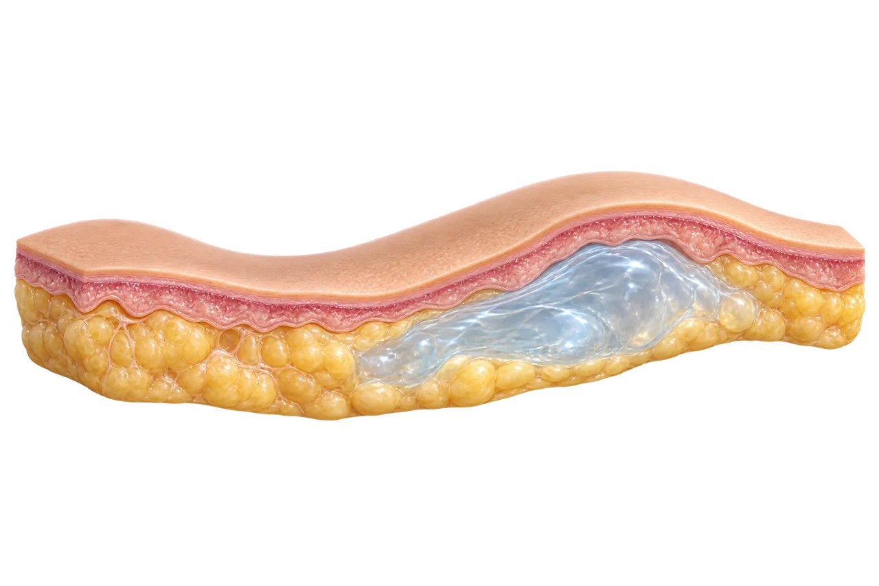 Ilustração 3D conceitual de gel de ácido hialurônico, destacado em azul claro, e sua relação com o volume sob a pele