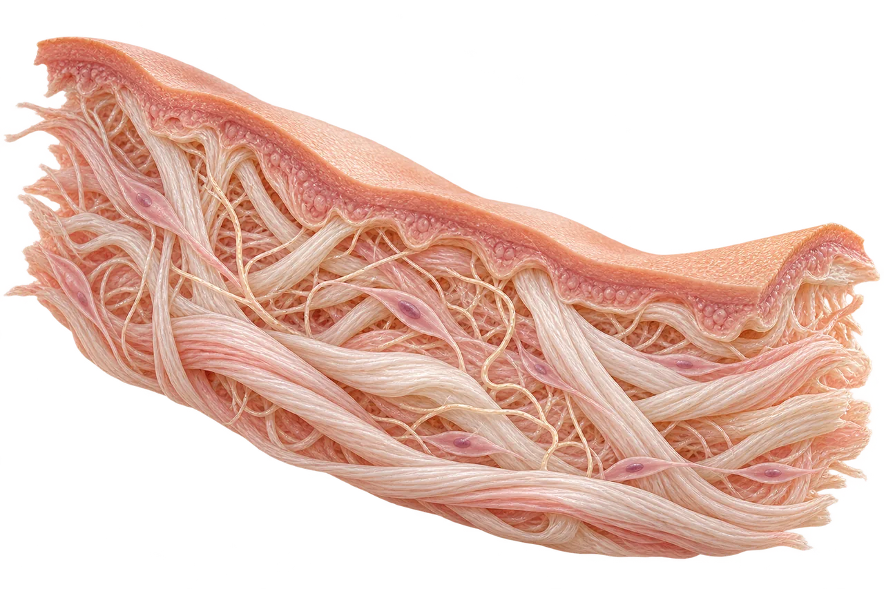 Ilustração 3D ampliada de uma rede de fibras de colágeno e células na derme, sob uma camada fina de pele